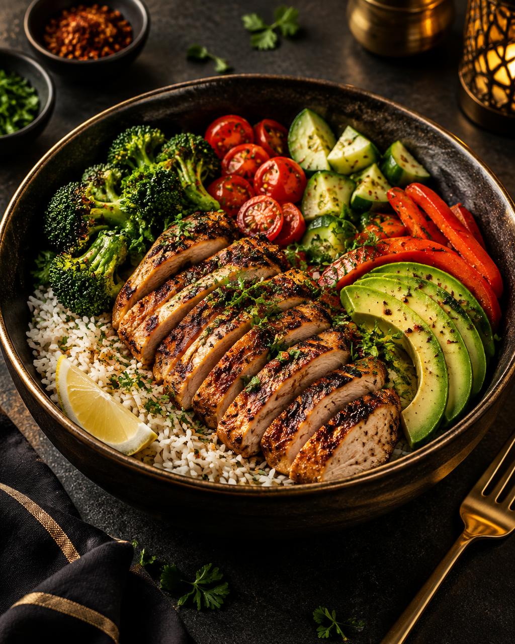 Grilled chicken, basmati rice and fresh vegetable halal meal prep bowl